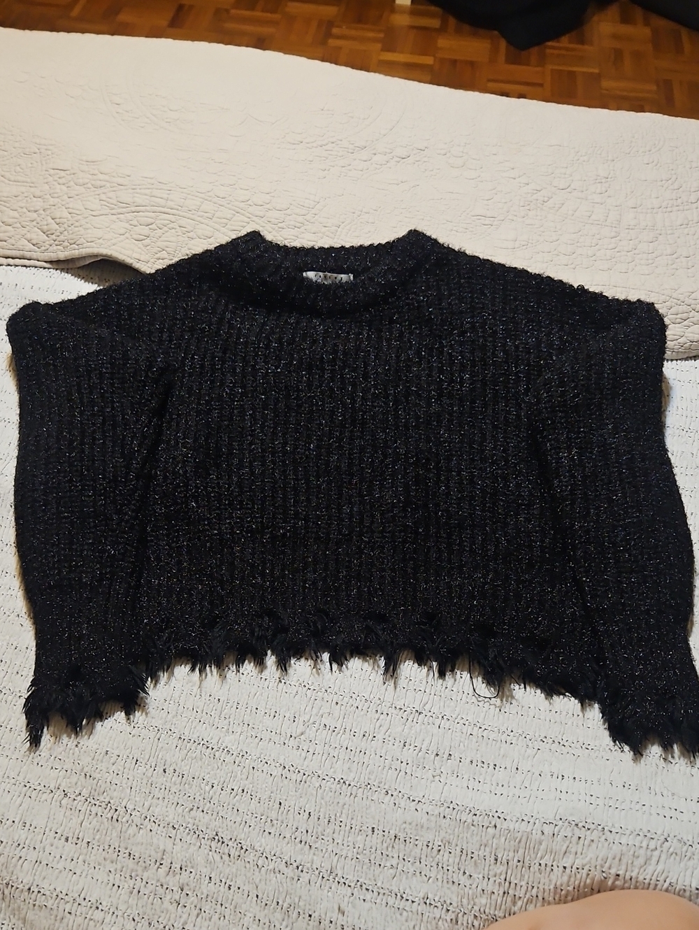 FAVLUX Black Cropped Crewneck Sweater with Fuzzy Hem